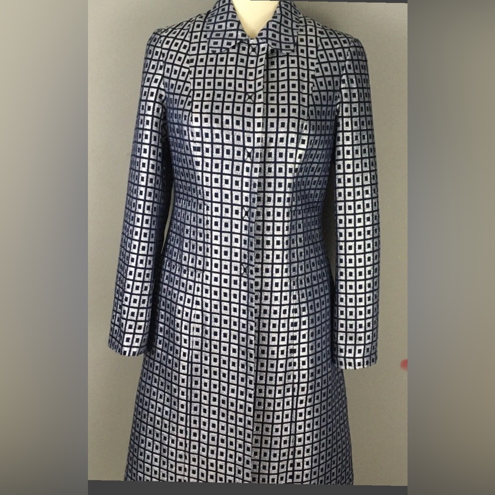 Tory Burch Navy and Silver Geometric Dress Coat Size 8